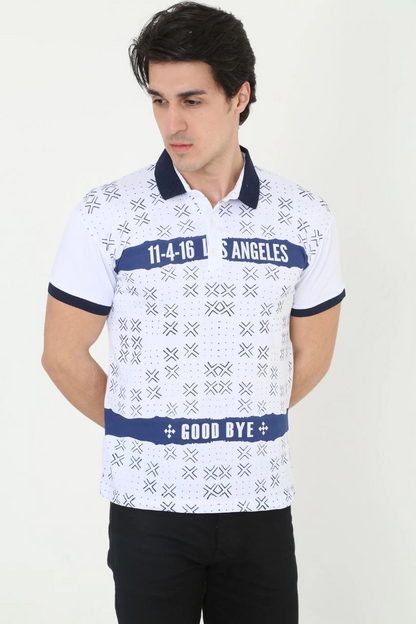 Yakalı Slim Fit Baskılı T-Shirt - Beyaz -