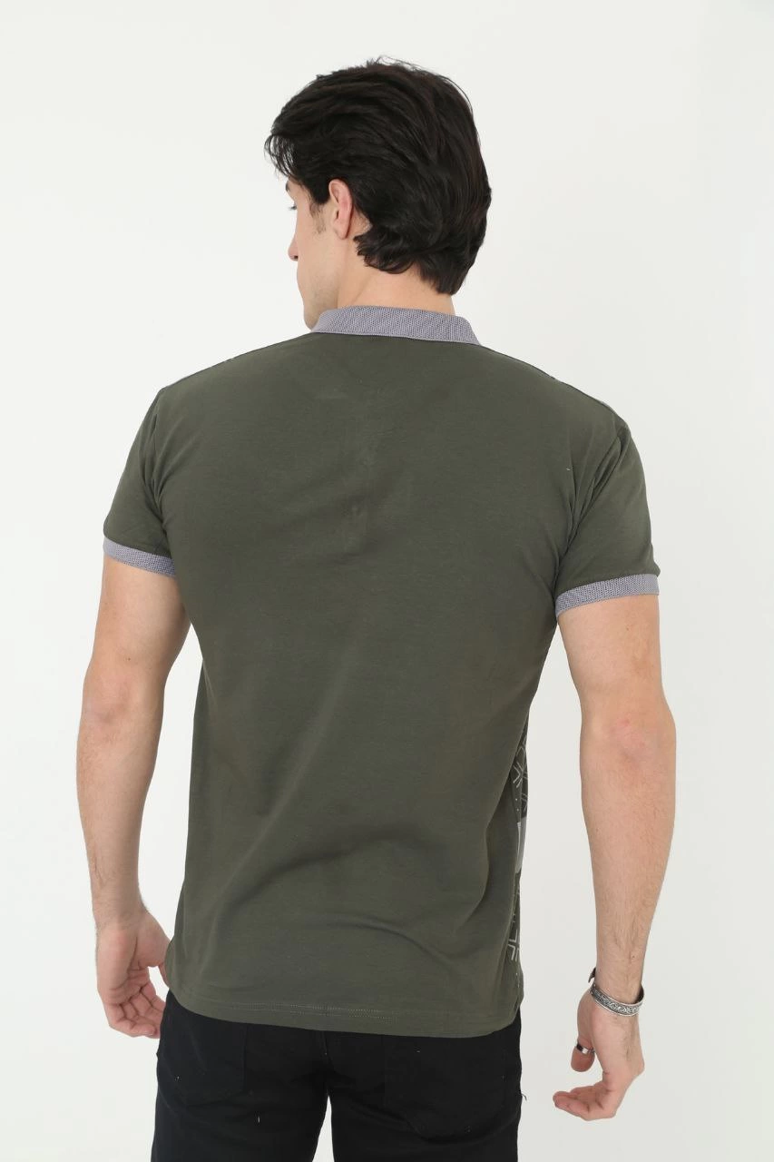 Yakalı Slim Fit Baskılı T-Shirt - Haki -