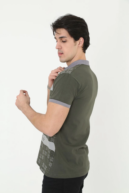 Yakalı Slim Fit Baskılı T-Shirt - Haki -