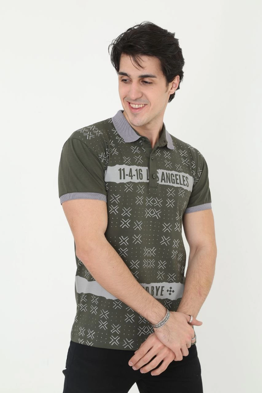 Yakalı Slim Fit Baskılı T-Shirt - Haki -