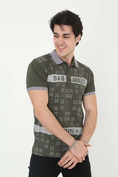 Yakalı Slim Fit Baskılı T-Shirt - Haki -