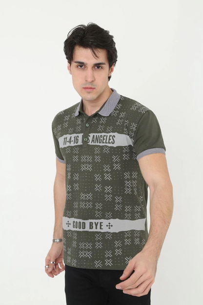 Yakalı Slim Fit Baskılı T-Shirt - Haki -
