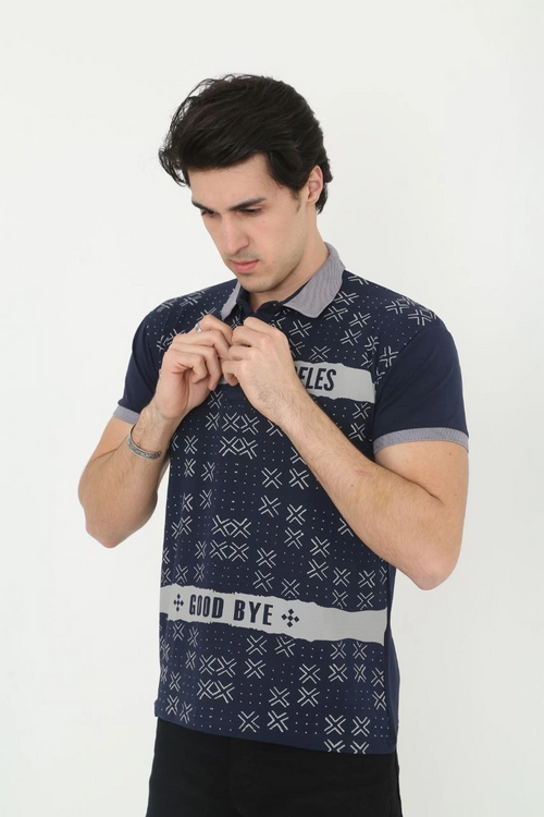 Yakalı Slim Fit Baskılı T-Shirt - Lacivert -