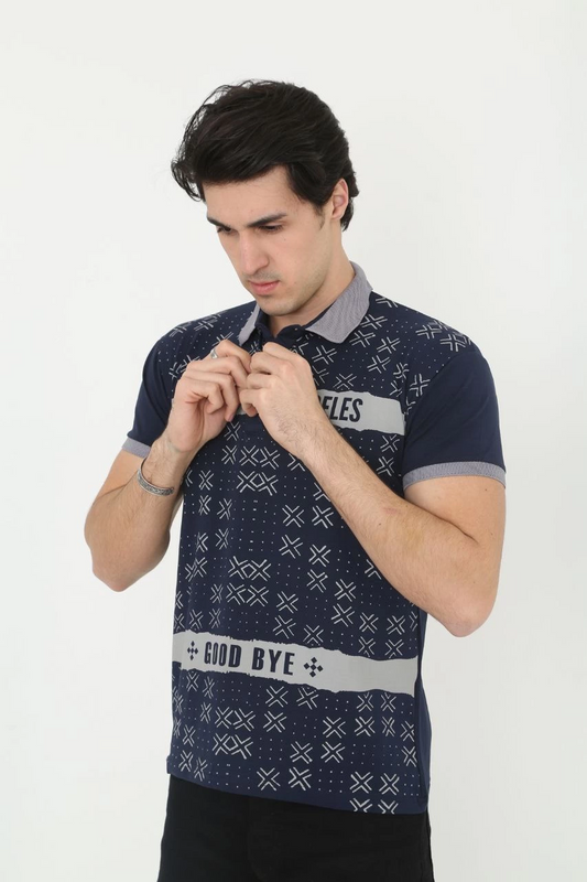 Yakalı Slim Fit Baskılı T-Shirt - Lacivert -