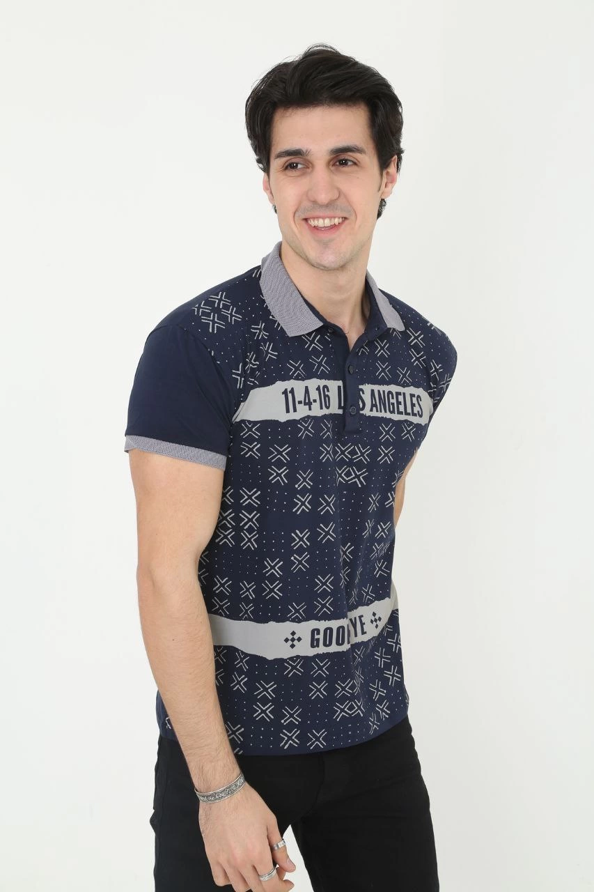 Yakalı Slim Fit Baskılı T-Shirt - Lacivert -