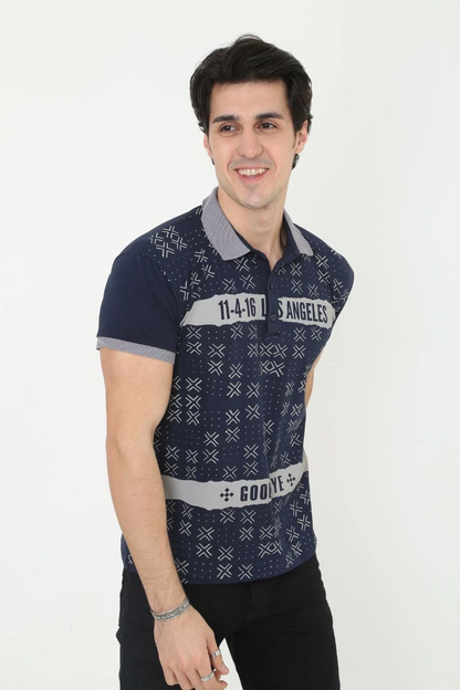 Yakalı Slim Fit Baskılı T-Shirt - Lacivert -