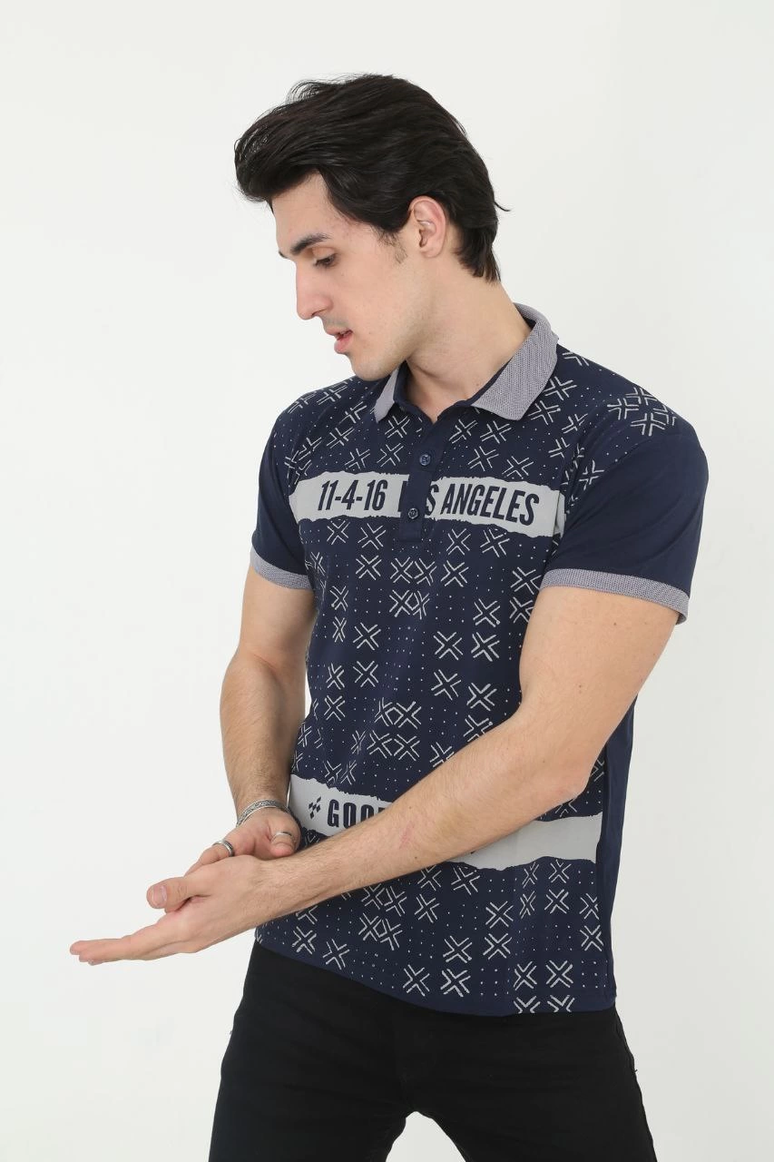 Yakalı Slim Fit Baskılı T-Shirt - Lacivert -