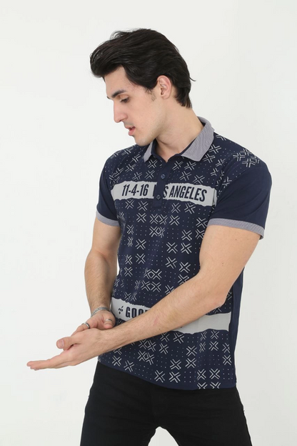 Yakalı Slim Fit Baskılı T-Shirt - Lacivert -