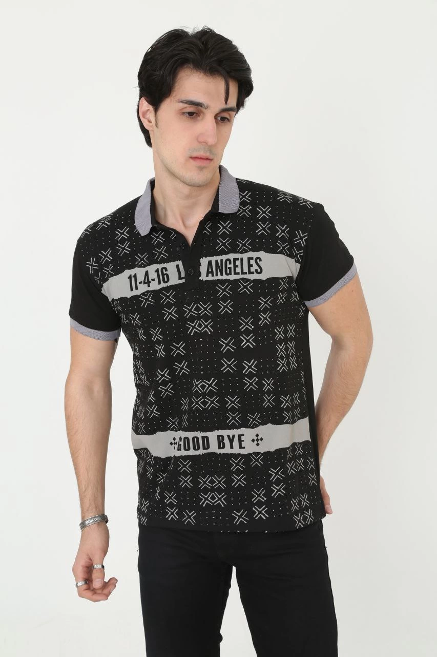 Yakalı Slim Fit Baskılı T-Shirt - Siyah -