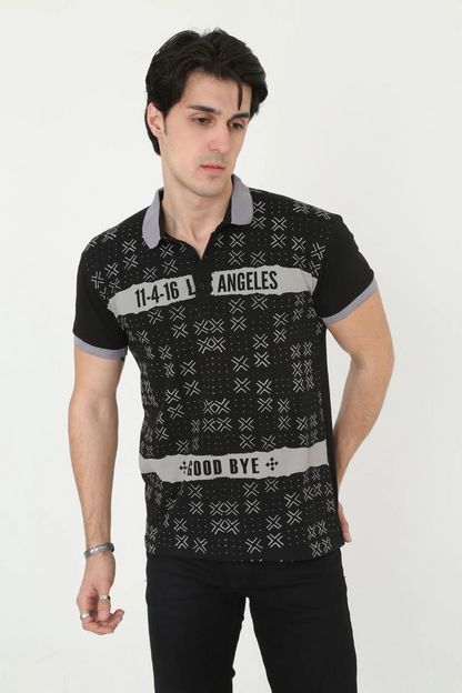 Yakalı Slim Fit Baskılı T-Shirt - Siyah -