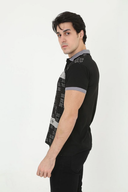 Yakalı Slim Fit Baskılı T-Shirt - Siyah -