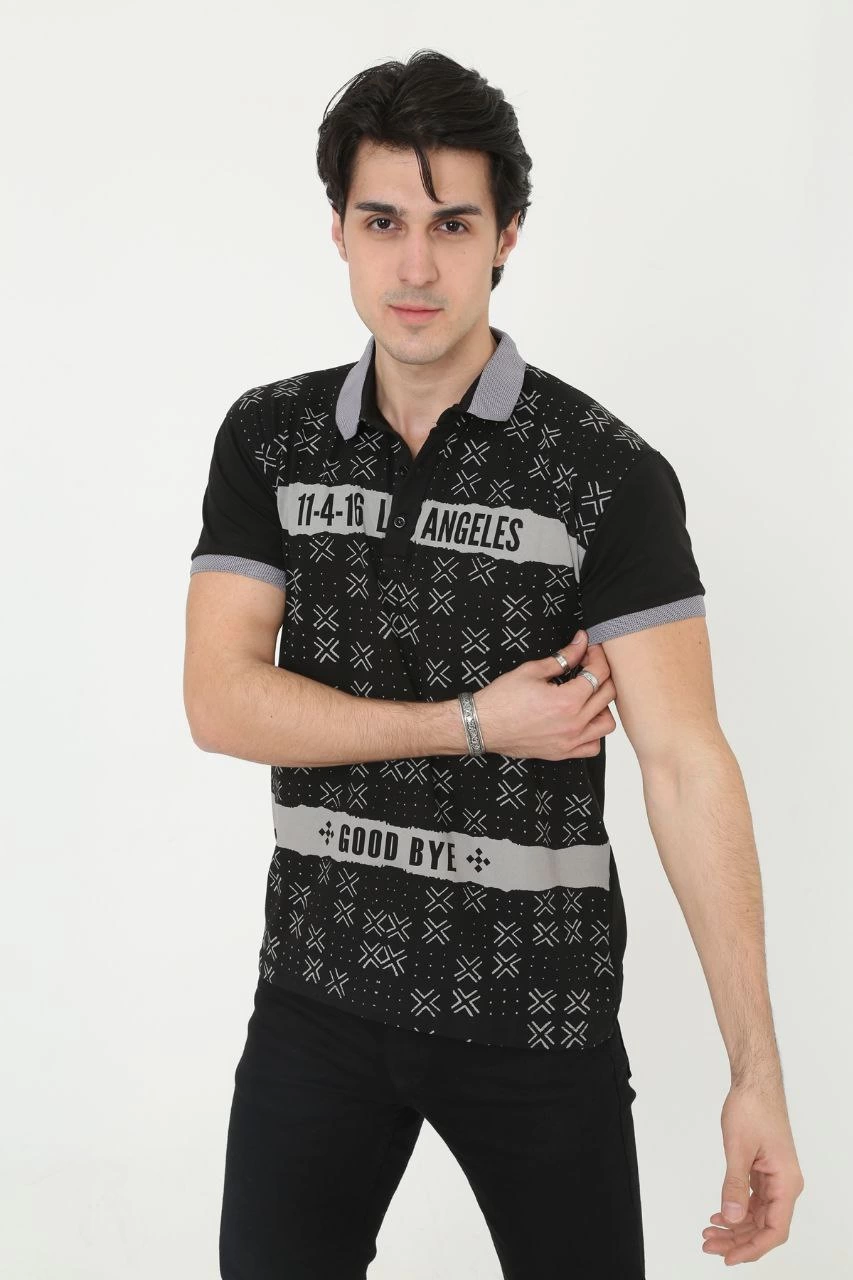 Yakalı Slim Fit Baskılı T-Shirt - Siyah -