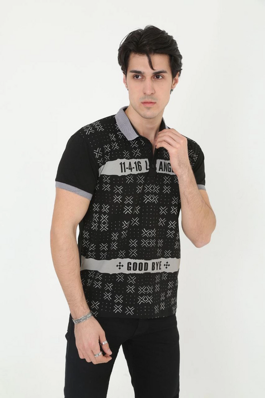 Yakalı Slim Fit Baskılı T-Shirt - Siyah -