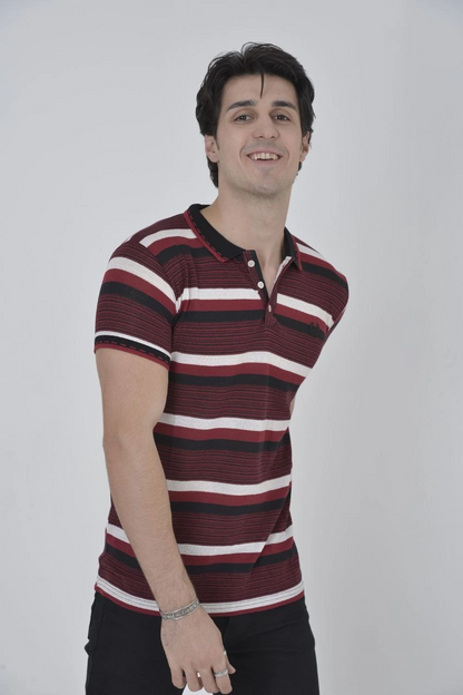 Yakalı Slim Fit Dokuma Çizgili T-Shirt - Bordo -