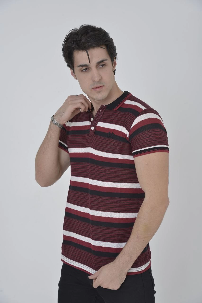 Yakalı Slim Fit Dokuma Çizgili T-Shirt - Bordo -