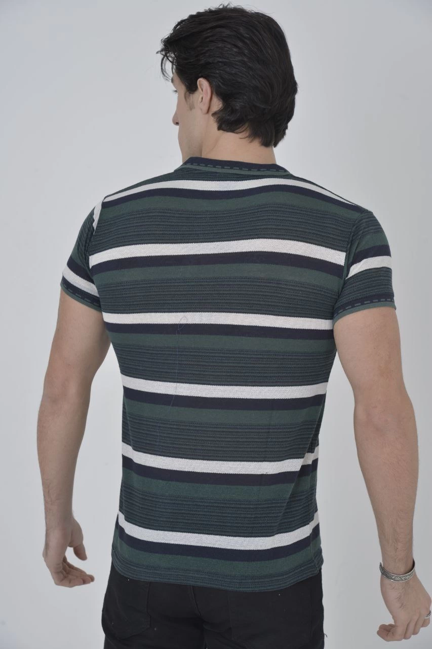 Yakalı Slim Fit Dokuma Çizgili T-Shirt - Haki -