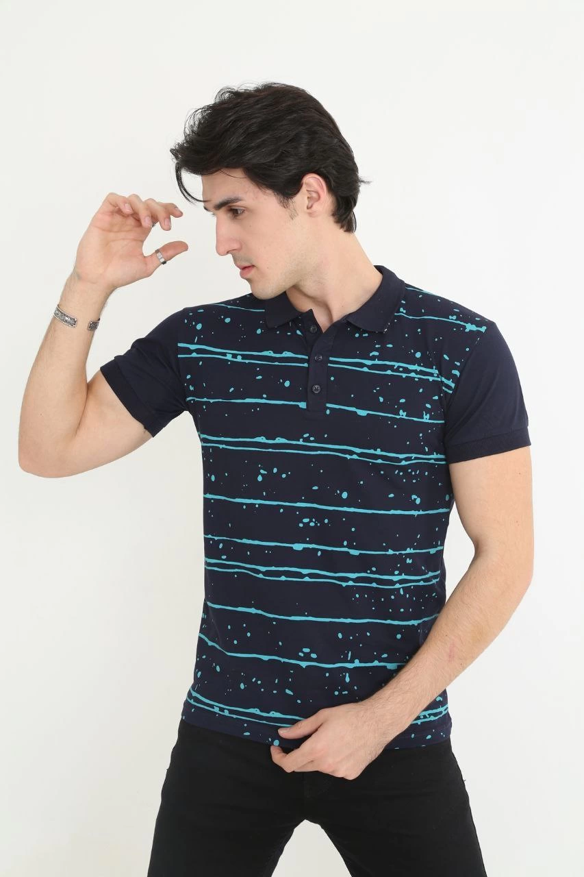 Yakalı Slim Fit Pike Çizgili T-Shirt - Lacivert -