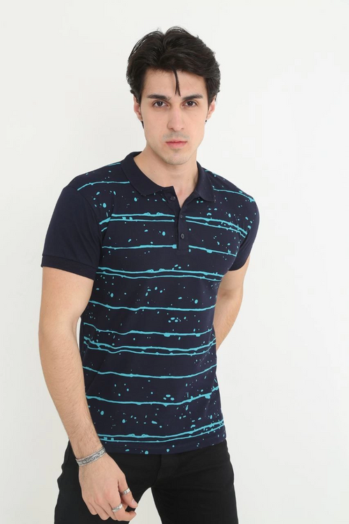 Yakalı Slim Fit Pike Çizgili T-Shirt - Lacivert -