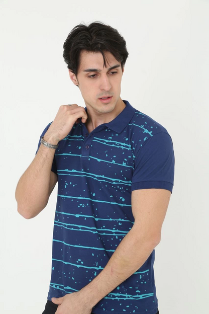 Yakalı Slim Fit Pike Çizgili T-Shirt - Mavi -