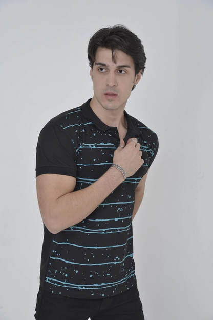Yakalı Slim Fit Pike Çizgili T-Shirt - Siyah -