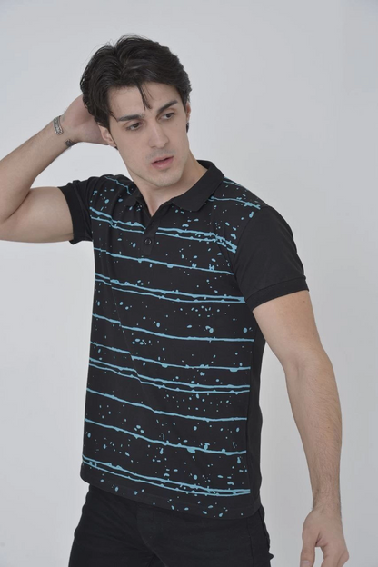 Yakalı Slim Fit Pike Çizgili T-Shirt - Siyah -