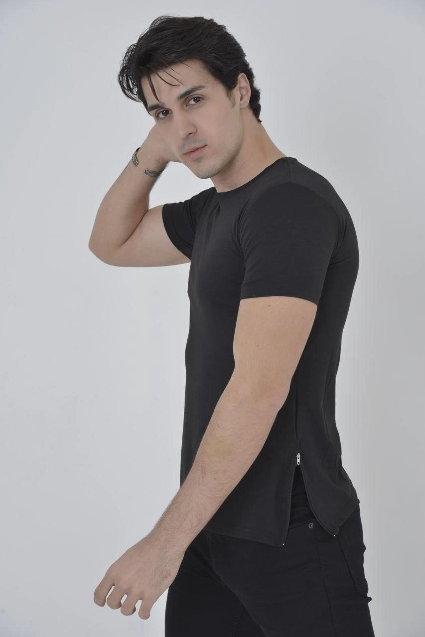 Yandan Fermuarli Slim fit T-shirt - Siyah -