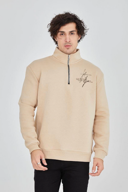 Yarım Fermuarlı Baskılı Sweat - Bej -