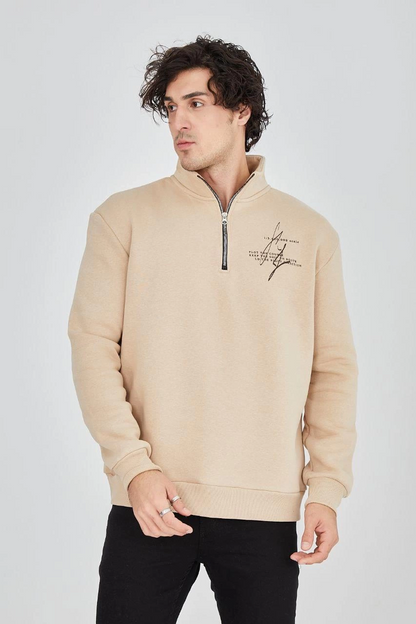 Yarım Fermuarlı Baskılı Sweat - Bej -