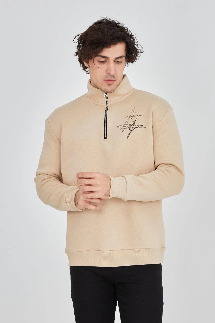 Yarım Fermuarlı Baskılı Sweat - Bej -