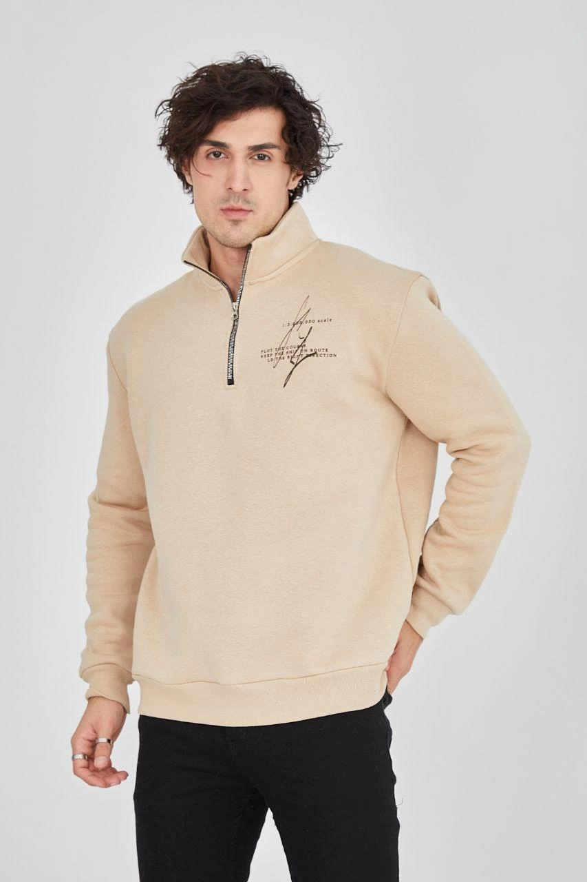 Yarım Fermuarlı Baskılı Sweat - Bej -