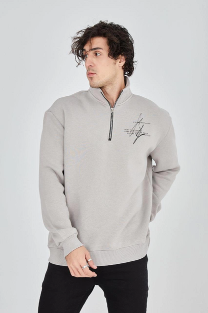 Yarım Fermuarlı Baskılı Sweat - Boyalı Gri -