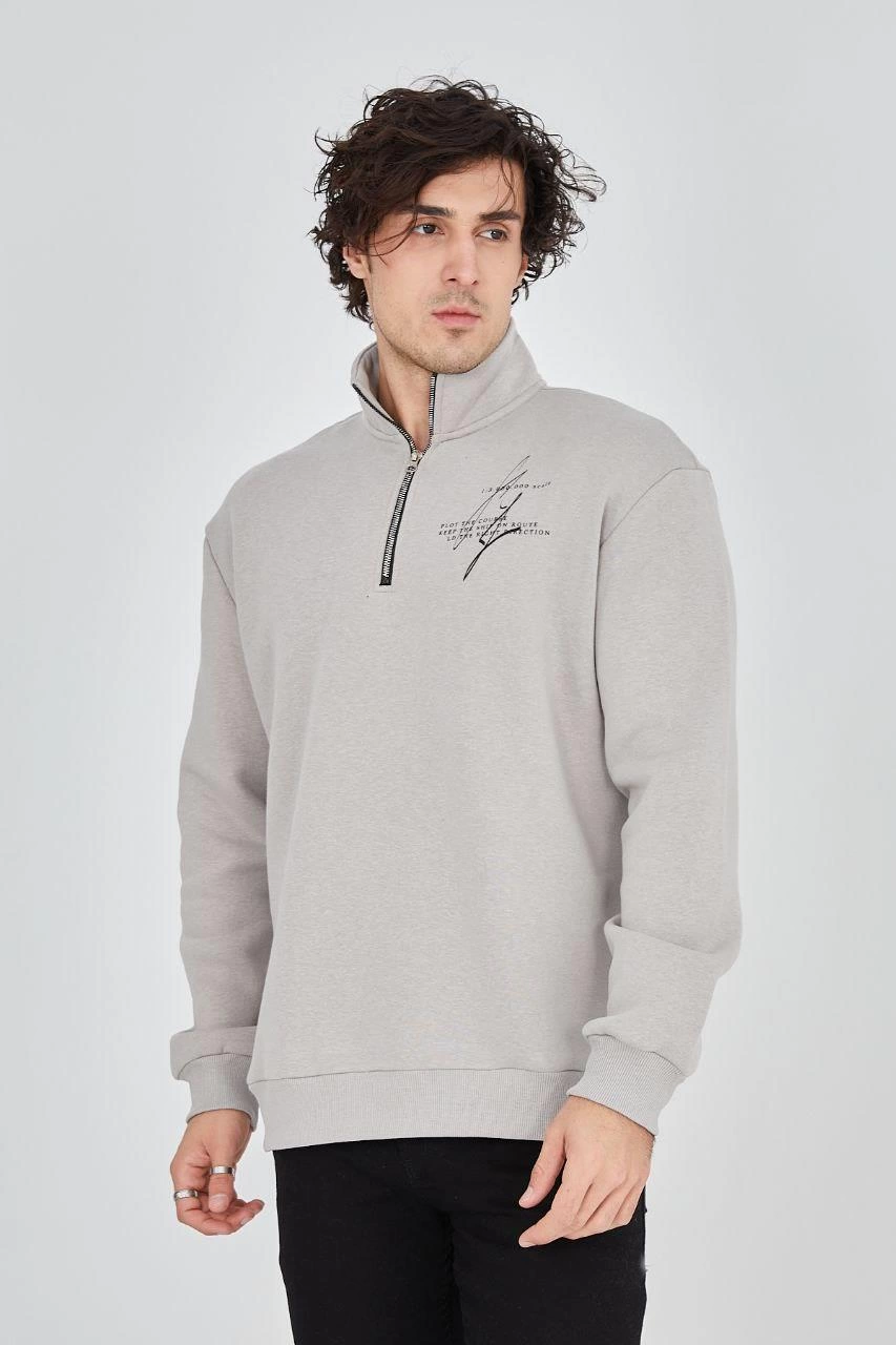 Yarım Fermuarlı Baskılı Sweat - Boyalı Gri -