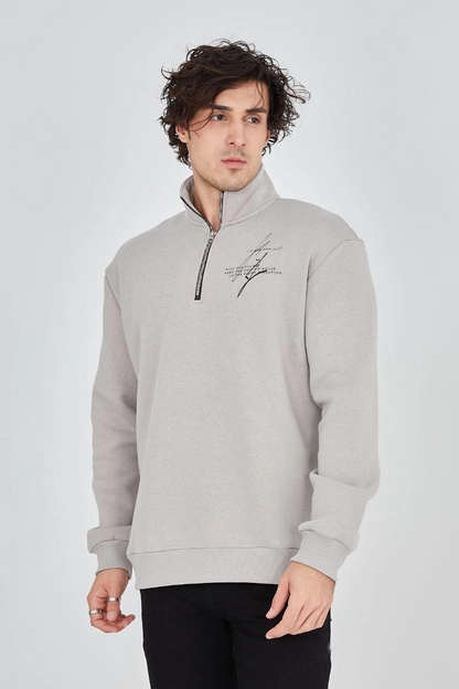 Yarım Fermuarlı Baskılı Sweat - Boyalı Gri -
