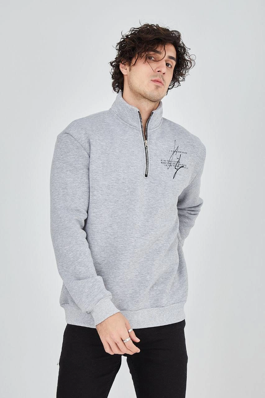 Yarım Fermuarlı Baskılı Sweat - Gri -