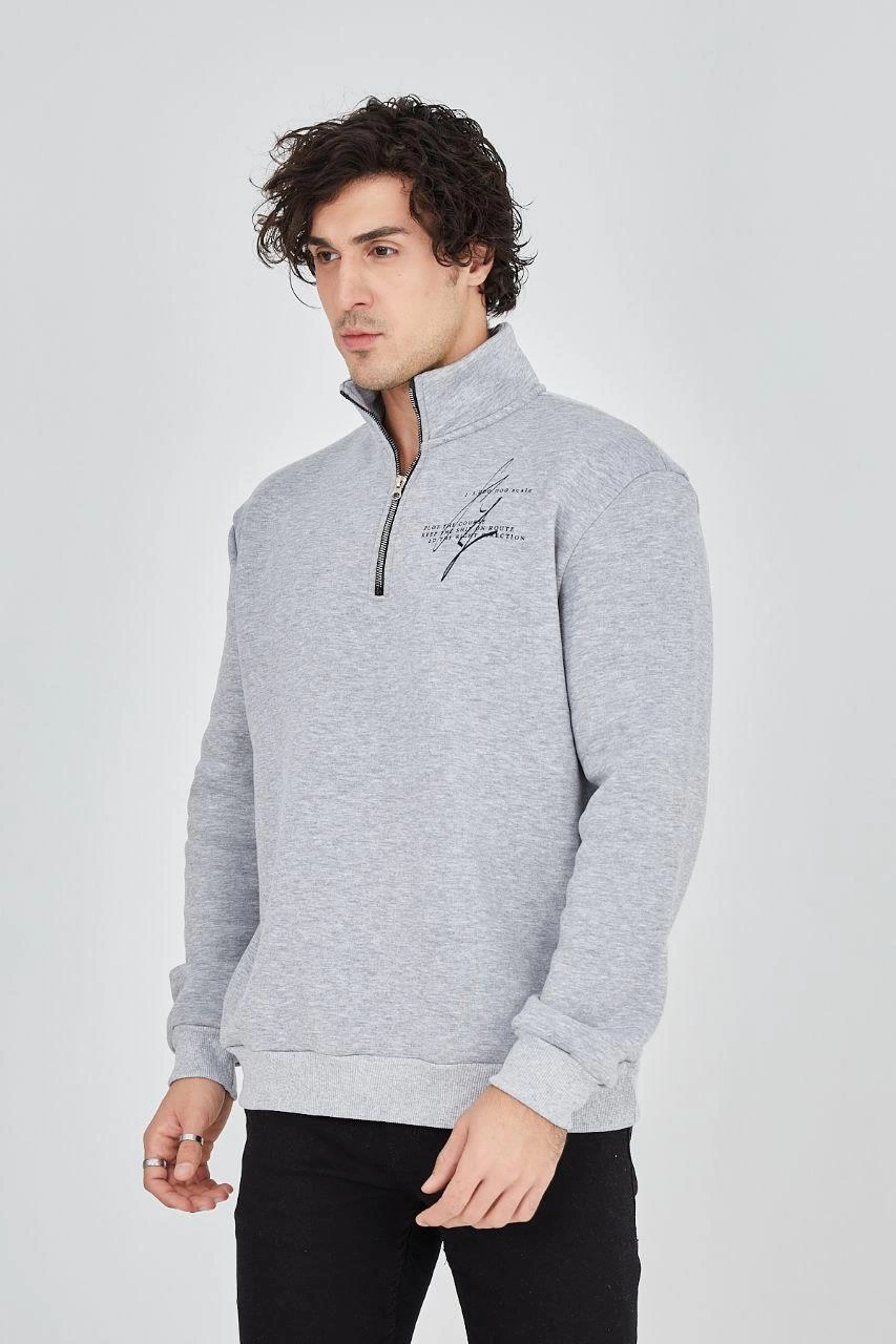Yarım Fermuarlı Baskılı Sweat - Gri -