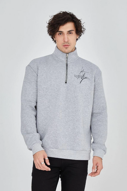 Yarım Fermuarlı Baskılı Sweat - Gri -