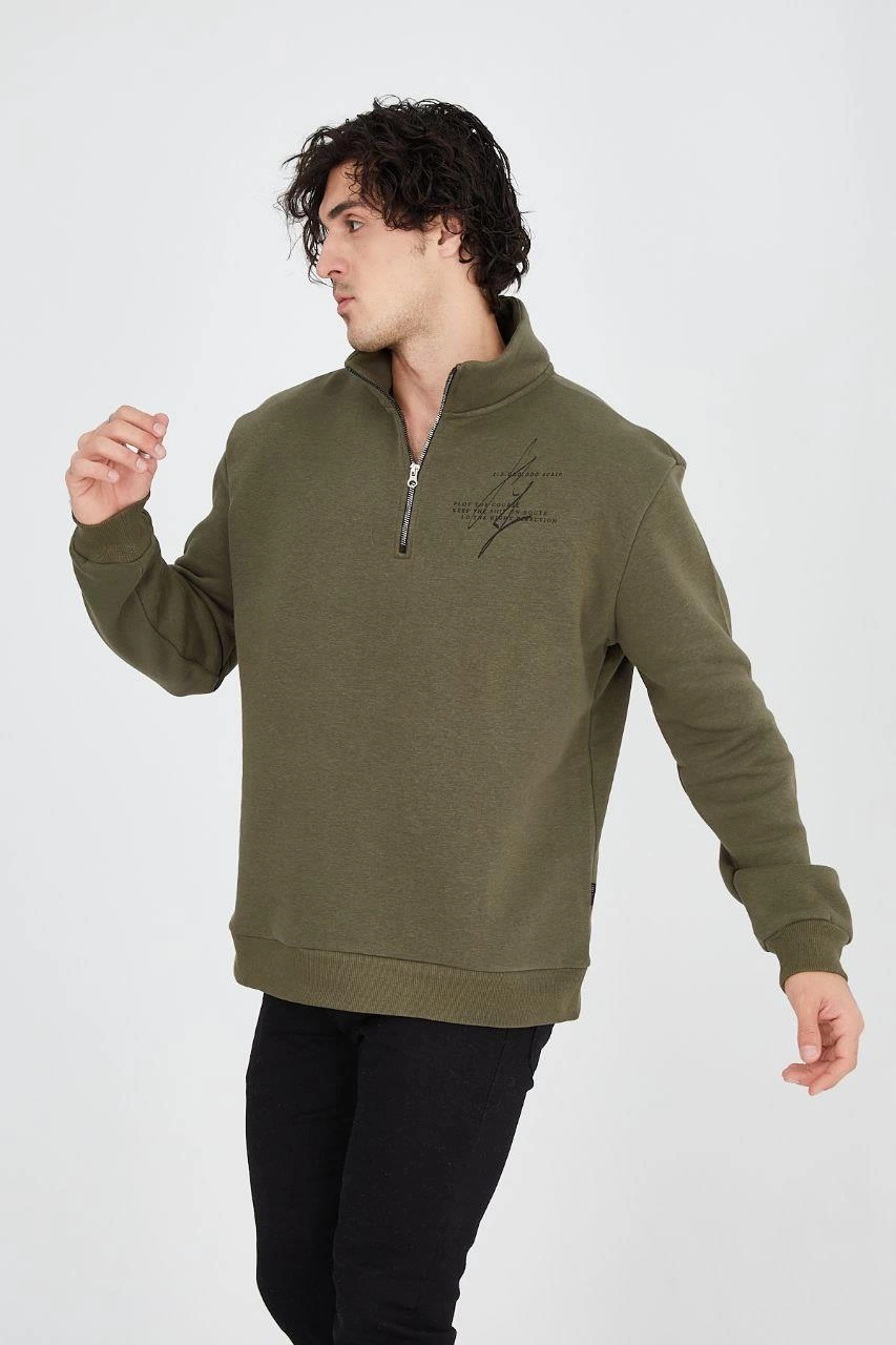 Yarım Fermuarlı Baskılı Sweat - Yeşil -
