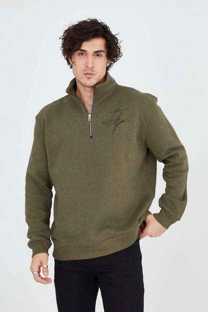 Yarım Fermuarlı Baskılı Sweat - Yeşil -