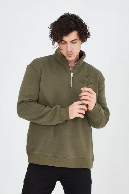Yarım Fermuarlı Baskılı Sweat - Yeşil -