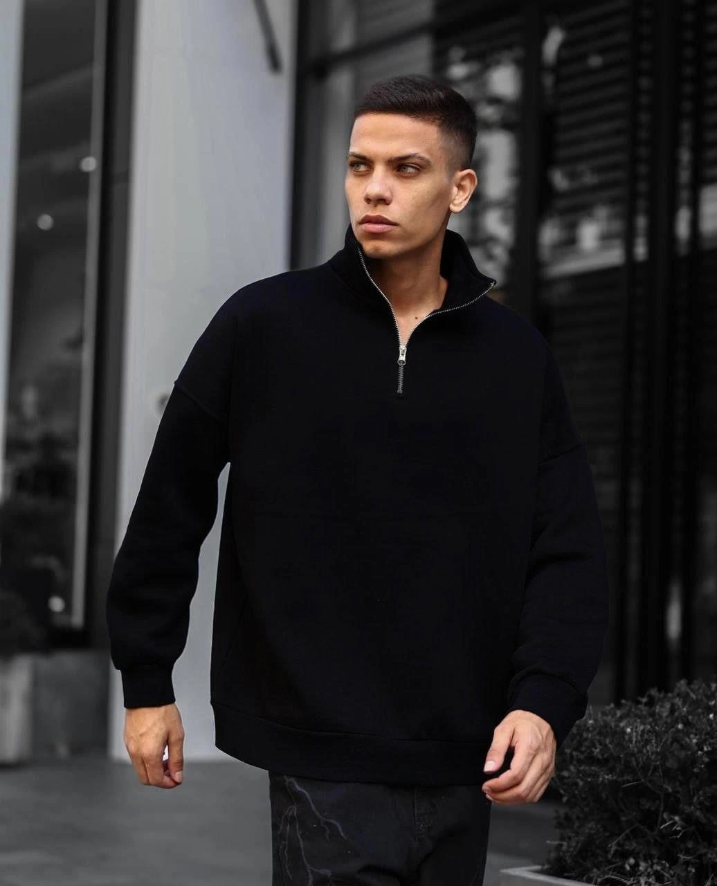 Yarım Fermuarlı Üç İplik Sweatshirt - Siyah -