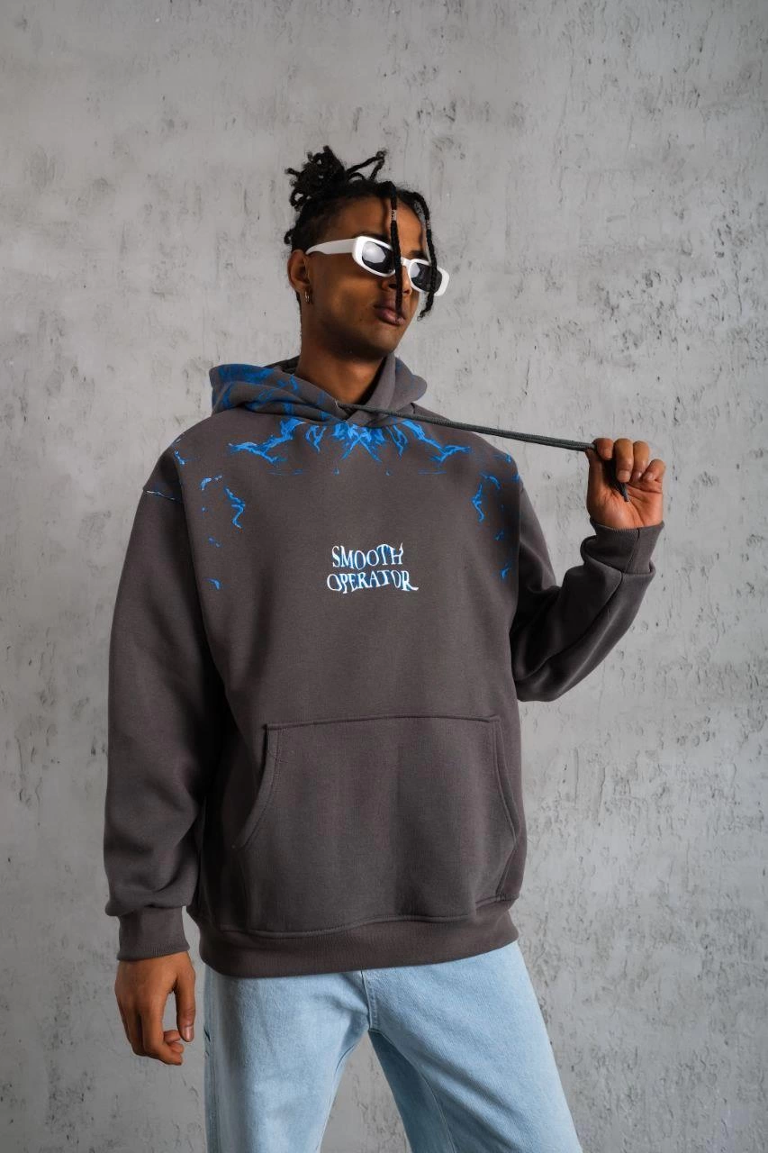 Yıldırım Baskılı Kapşonlu Sweatshirt - Gri