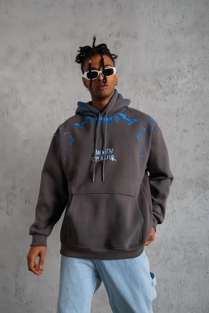 Yıldırım Baskılı Kapşonlu Sweatshirt - Gri