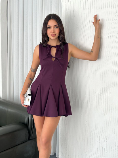 Göğüs Bağlamalı Kolsuz Mini Boy Elbise - Gül Kurusu -