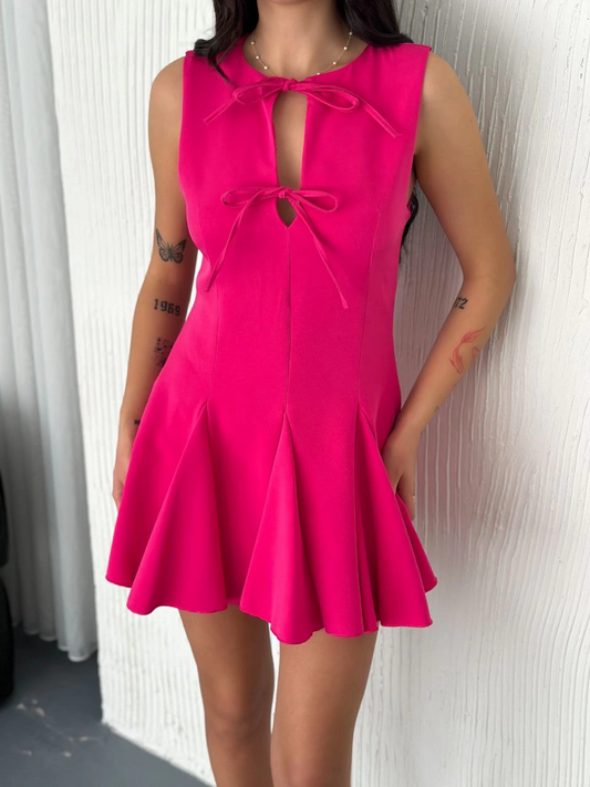 Göğüs Bağlamalı Kolsuz Mini Boy Elbise - Pembe -