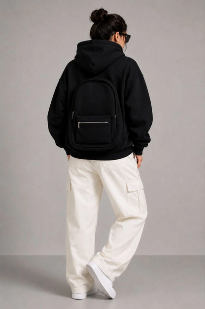 Kadın 3 İplik Şardonlu Tam Fermuarlı Kapüşonlu Arka Çanta Detaylı Sweatshirt - Siyah