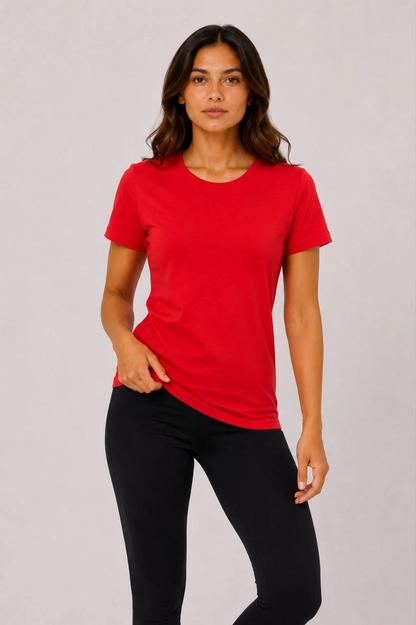 Kadın 3 lü Kısa Kollu Bisiklet Yaka Basic Slim Fit T-Shirt - Kırmızı - Mavi - Turuncu