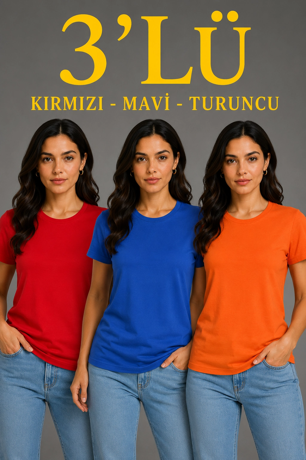Kadın 3 lü Kısa Kollu Bisiklet Yaka Basic Slim Fit T-Shirt - Kırmızı - Mavi - Turuncu