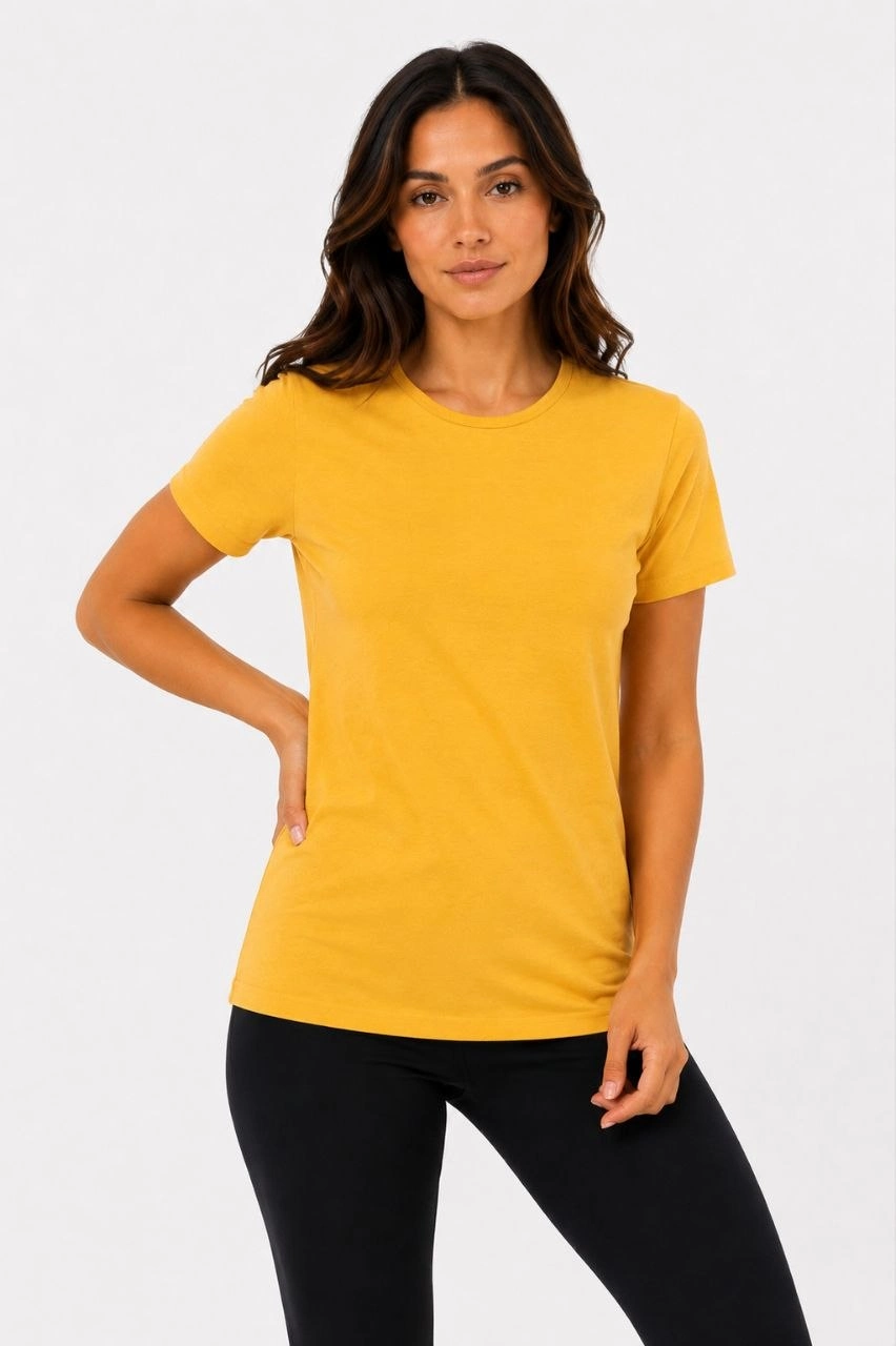 Kadın 3 lü Kısa Kollu Bisiklet Yaka Basic Slim Fit T-Shirt - Mor - Petrol Mavisi - Hardal