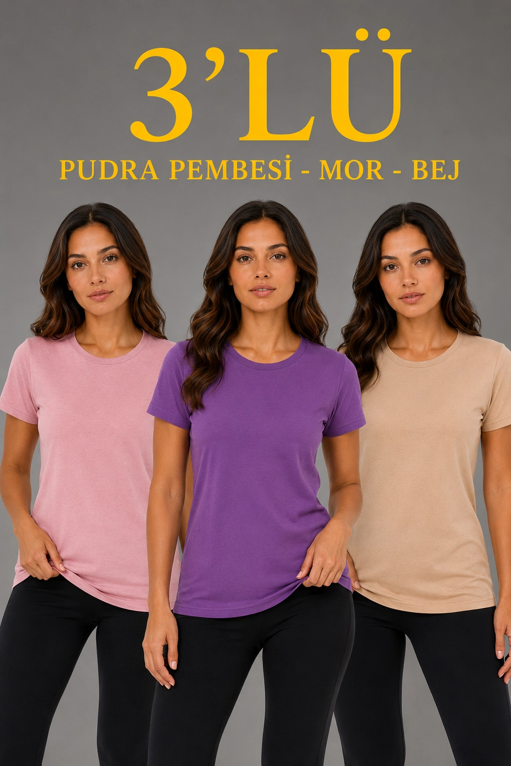 Kadın 3 lü Kısa Kollu Bisiklet Yaka Basic Slim Fit T-Shirt - Pudra Pembe - Mor - Bej