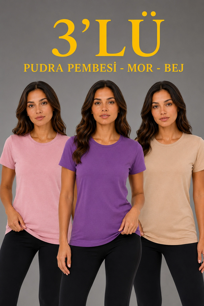 Kadın 3 lü Kısa Kollu Bisiklet Yaka Basic Slim Fit T-Shirt - Pudra Pembe - Mor - Bej
